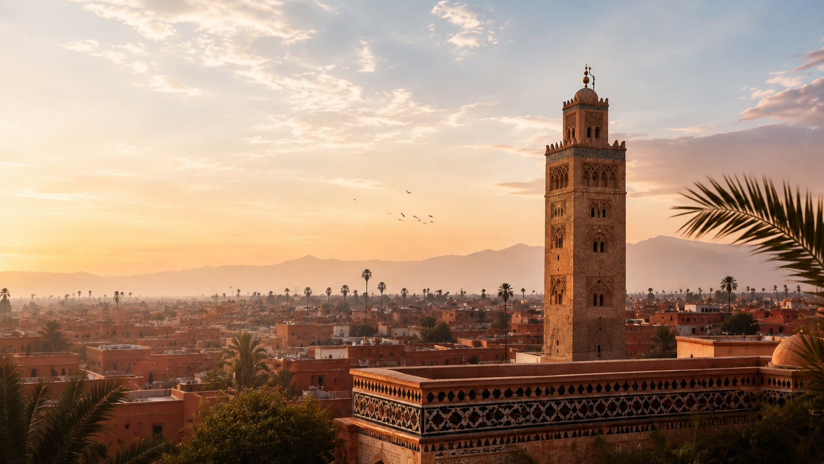 Moroccan minaret and architecture in the golden hour